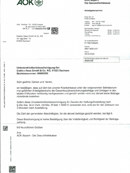 Unbedenklichkeits- bescheinigung AOK bei Elektro Hess GmbH & Co. KG in Sachsen bei Ansbach