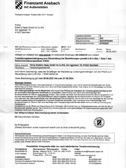 Freistellungsbescheinigung bei Elektro Hess GmbH & Co. KG in Sachsen bei Ansbach